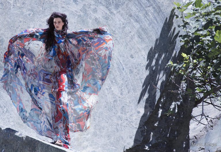 Self-staged photograph “Figtree Portal” by Maria Alexea, masked figure, conceived for “Faust, a Return from the Future”.