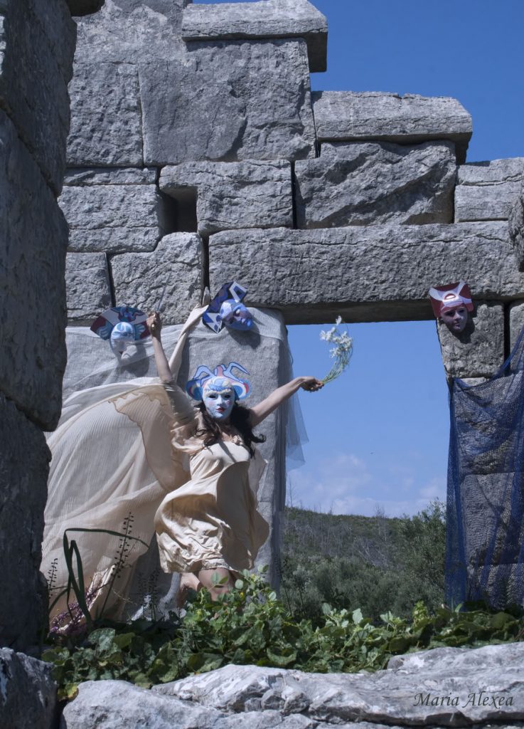 Self-staged photograph “Sword Heavenly Host” by Maria Alexea, masked figures, conceived for “Faust: A Return from the Future”