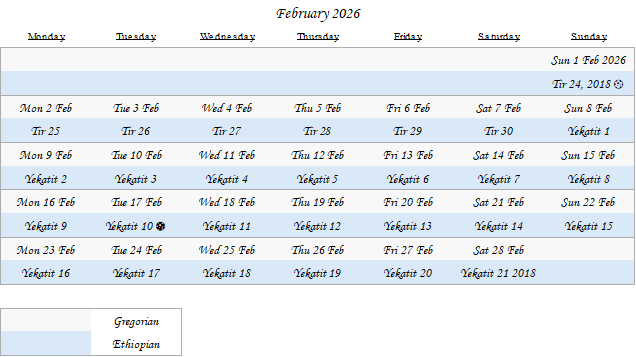 February 2026 — Ethiopian calendar table
