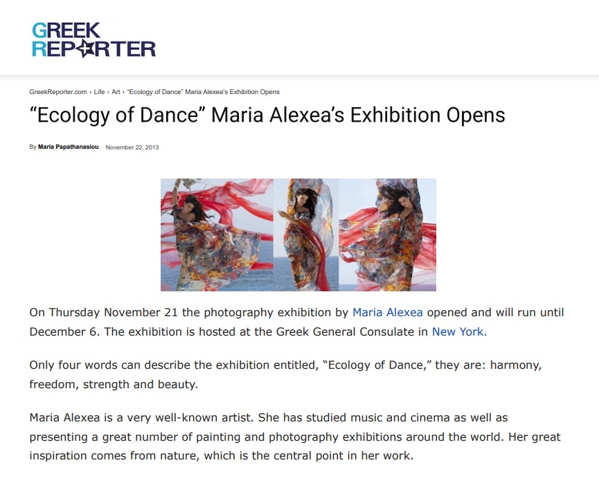 Greek Reporter article about Maria Alexea’s Ecology of Dance exhibition