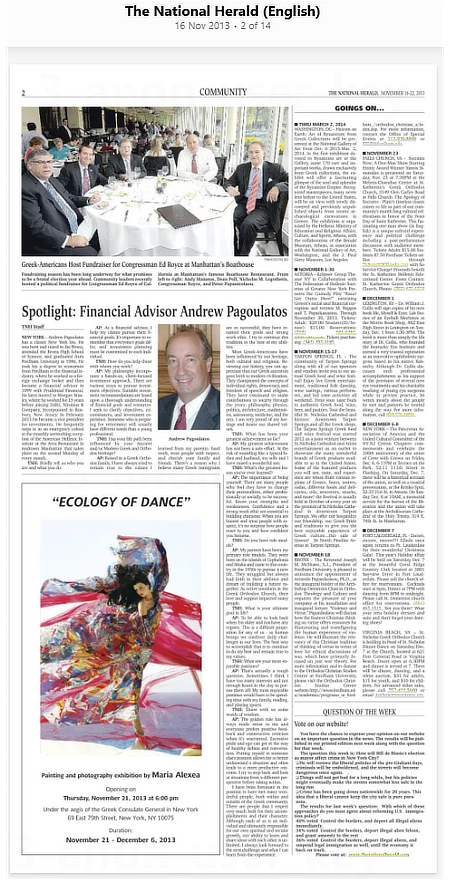 The National Herald English edition of 16 November 2013 announcing Maria Alexea’s Ecology of Dance exhibition in New York and featuring Firebird