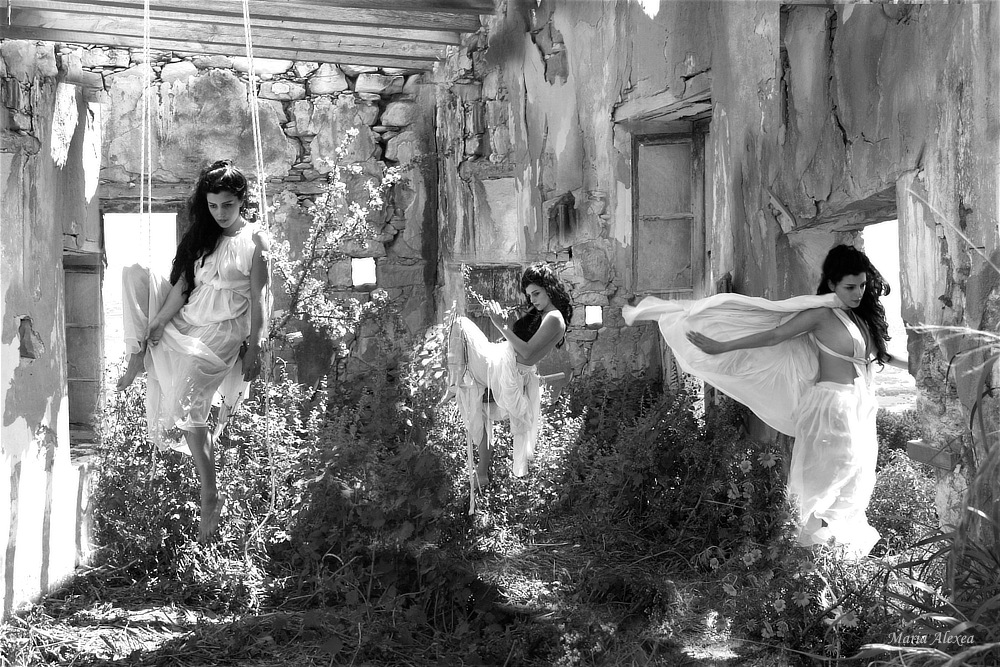 Maria Alexea appearing in multiple figures within an overgrown ruined interior