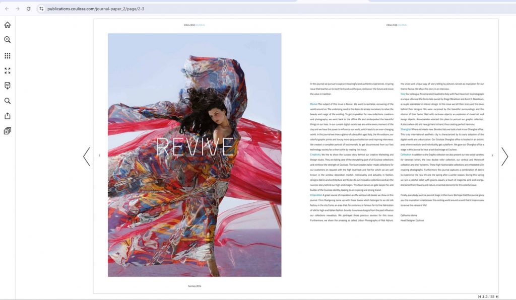 Coulisse Journal No. 2, Revive, pages 2–3, showing the Firebird photograph captioned “hermes 2014”
