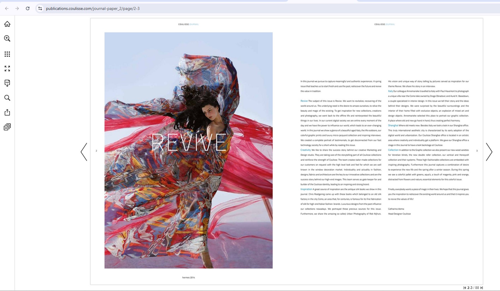 Coulisse Journal No. 2, Revive, pages 2–3, showing Maria Alexea’s Firebird photograph captioned “hermes 2014”